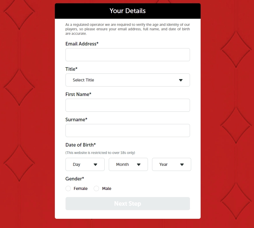 Virgin Games promo code form 