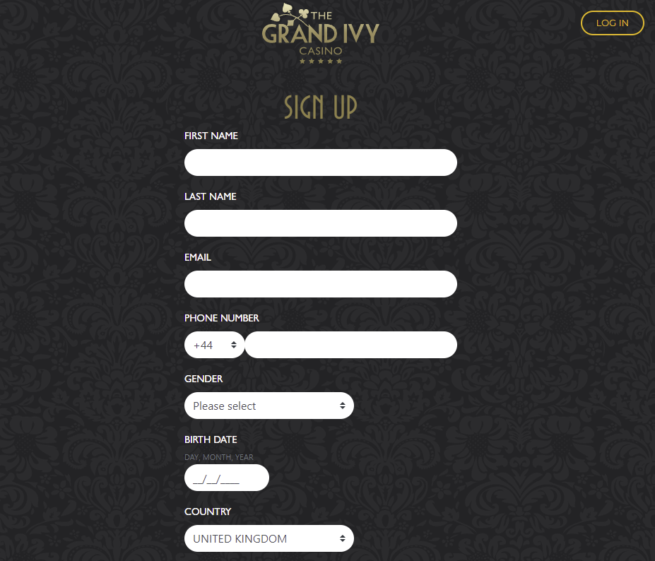 The Grand Ivy casino signup bonus page
