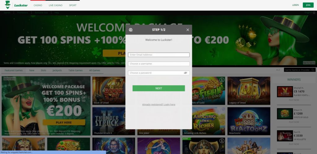 Luckster Casino Sign-up form 