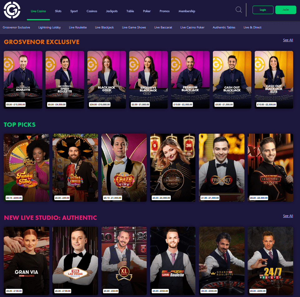 Grosvenor UK Live Casino Lobby with Live Games