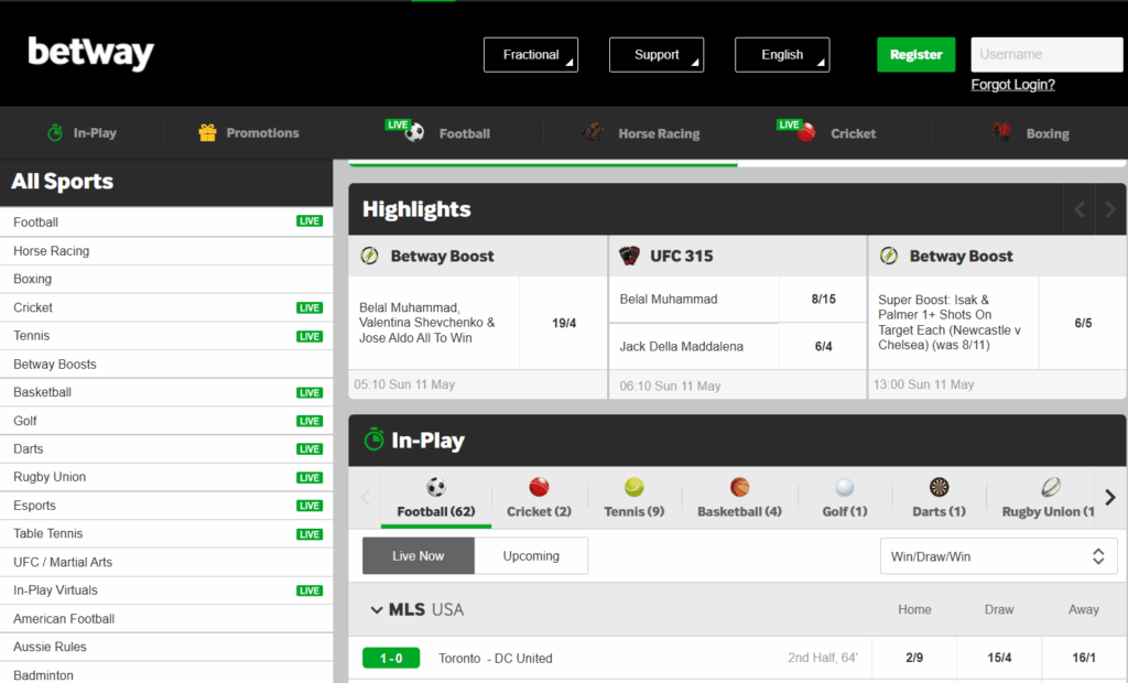 Bookmaker for Odds Boosts  - betway