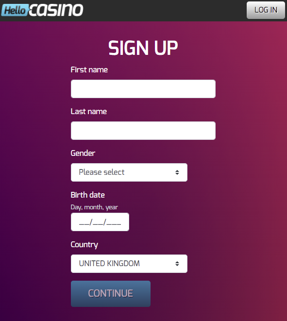 HelloCasino Sign up Form to insert bonus code