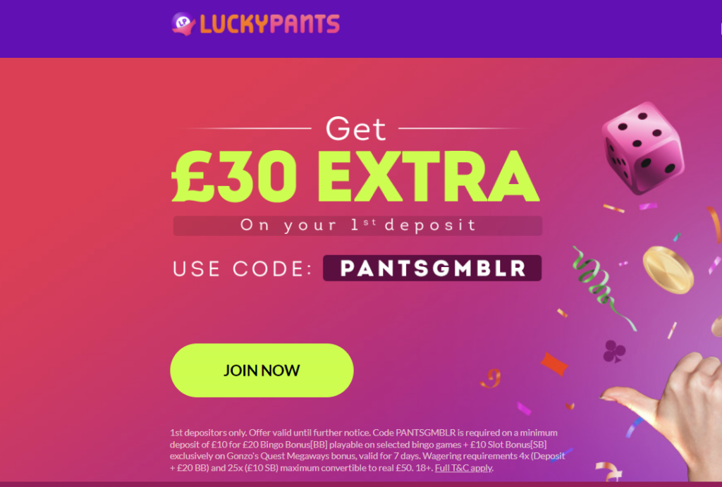 Lucky Pants Bingo promo code 2023 use PANTSGMBLR get extra funds