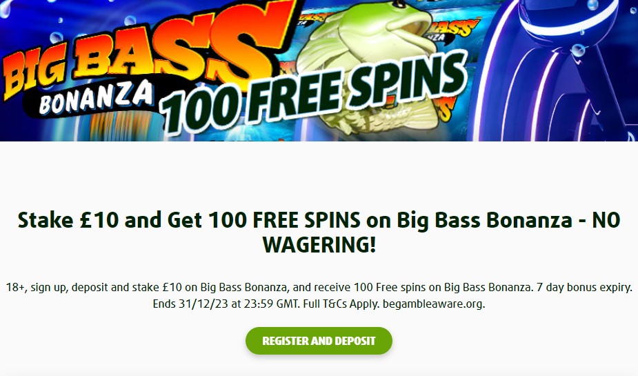 Stake £20 Get 100 No Wagering Spins On Big Bass Bonanza at Hot Streak Casino