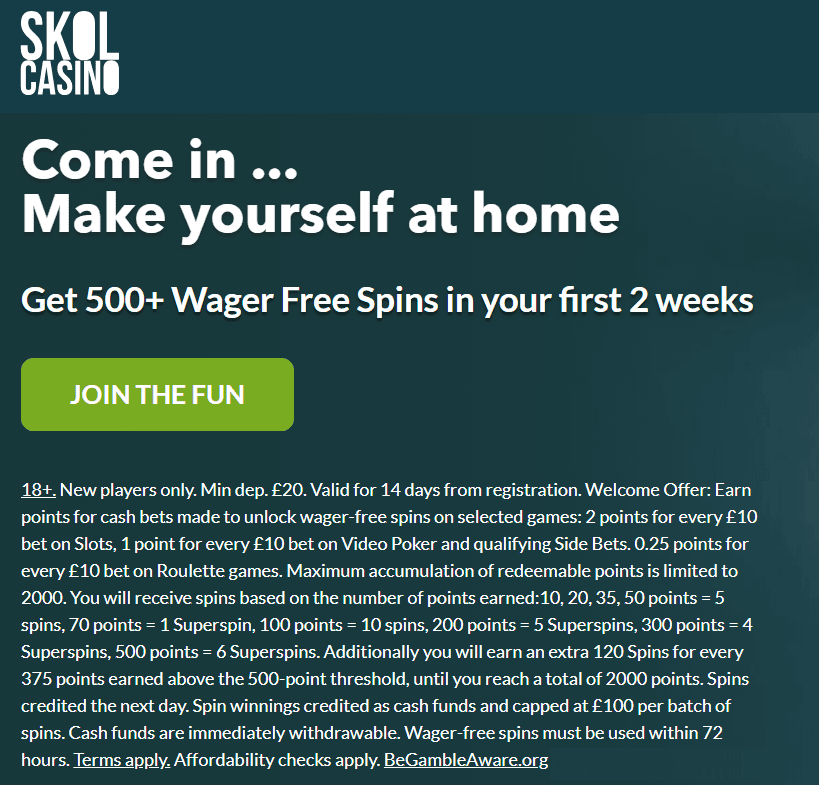 Skol Casino Welcome Bonus Code
