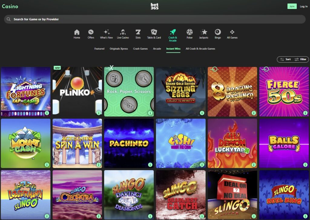 Top Instant Win games casinos in UK - Bet365 Casino 