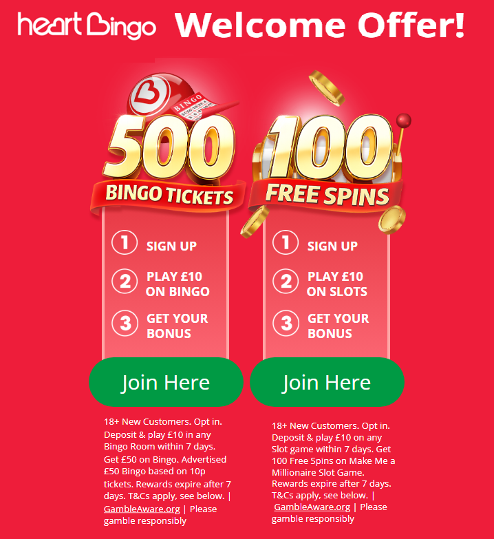 Heart Bingo Bonus Code Offer for 100 free spins