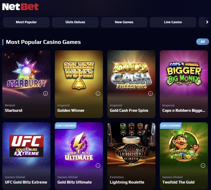 netbet casino games selection