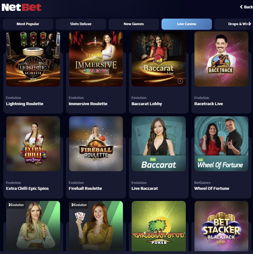 netbet live casino games included Ecolution, SKywind and Playtech hosted games