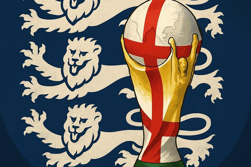 FIFA World Cup trophy in England colours, symbolising England’s pursuit of the 2026 World Cup title