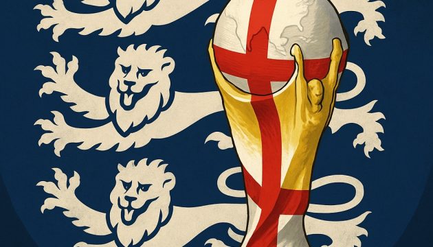 FIFA World Cup trophy in England colours, symbolising England’s pursuit of the 2026 World Cup title