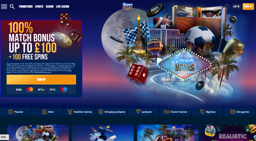 Dream Vegas UK  and a 100% deposit match offer up to 100 British Pounds