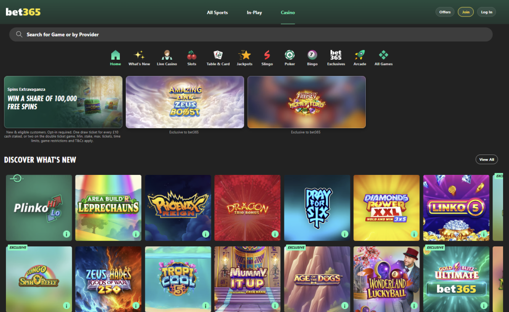 Play games at bet365 with free spins