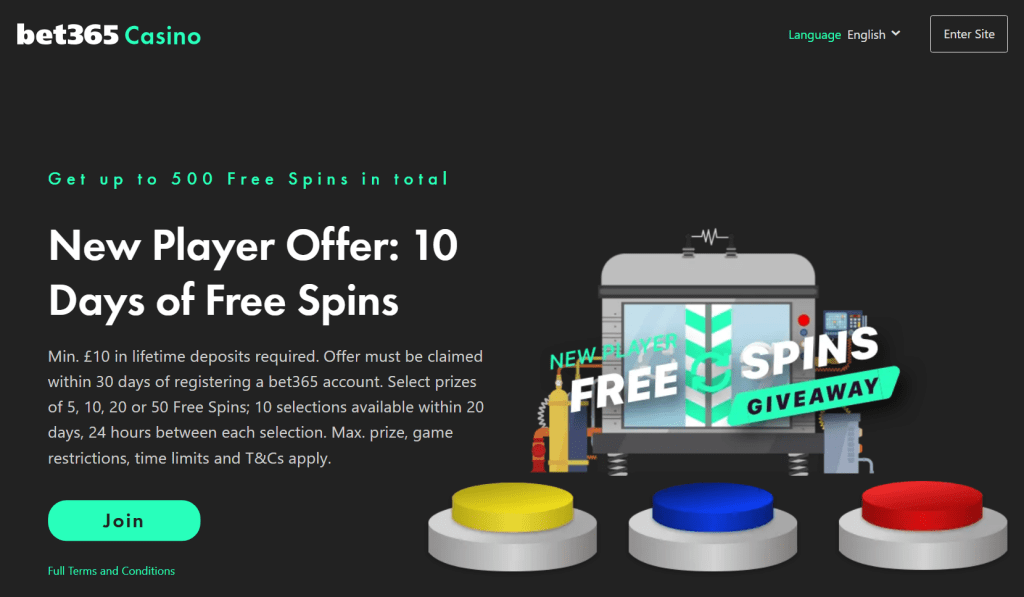 No Wager Spins: bet365 Casino (10 Days of Spins, Up to 500 Total)