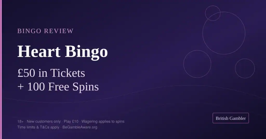 British Gambler bingo review card for Heart Bingo: £50 in bingo tickets plus 100 free spins from £10