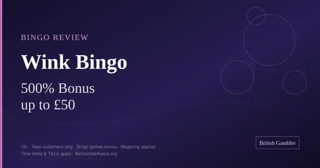 British Gambler bingo review card for Wink Bingo: 500% bingo games bonus worth up to £50