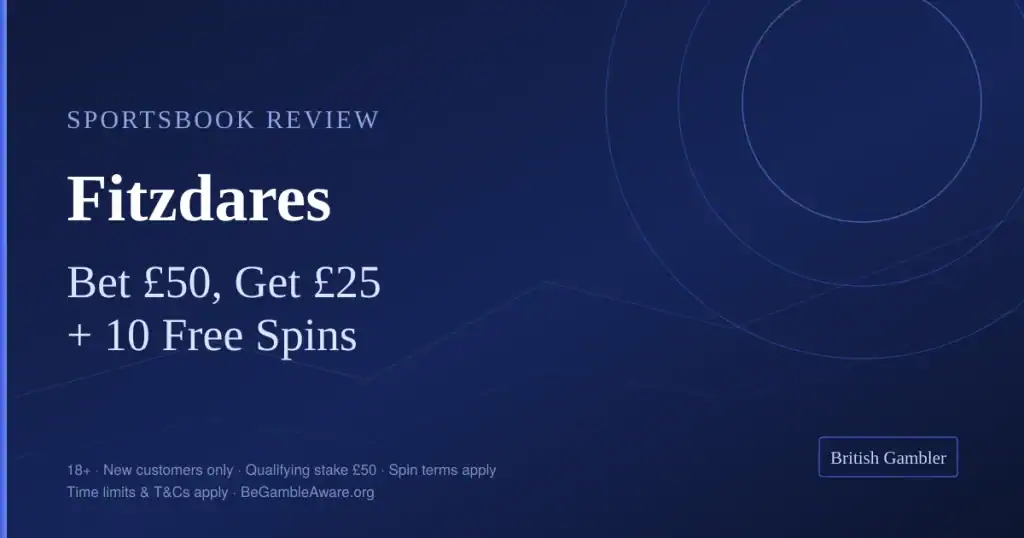 British Gambler sportsbook review card for Fitzdares: bet £50, get £25 in free bets plus 10 free spins