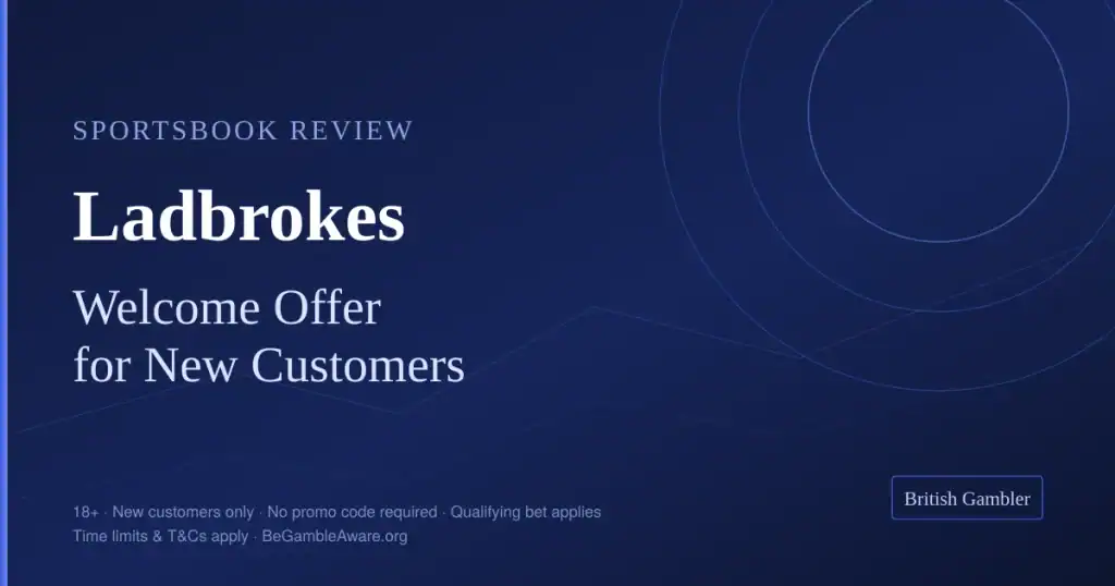 British Gambler sportsbook review card for Ladbrokes, showing the current welcome offer for new UK customers