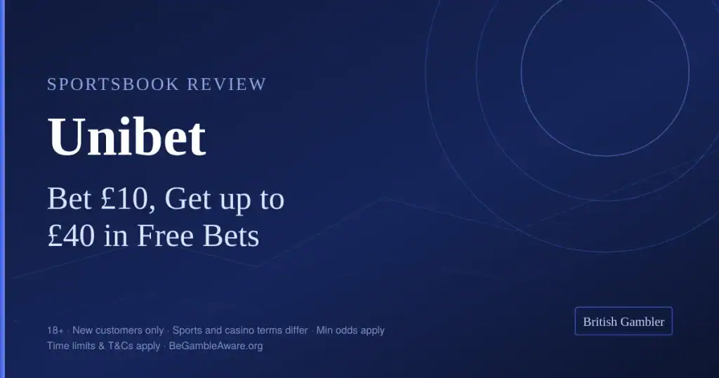 British Gambler sportsbook review card for Unibet: bet £10 and get up to £40 in free bets