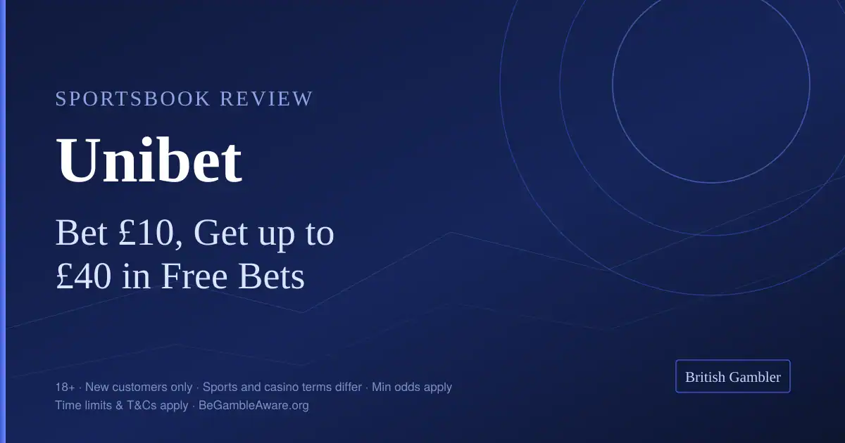 British Gambler sportsbook review card for Unibet: bet £10 and get up to £40 in free bets