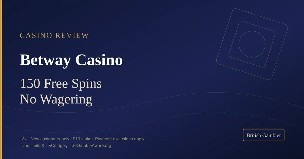 British Gambler casino review card for Betway Casino: 150 free spins with no wagering from a £10 stake