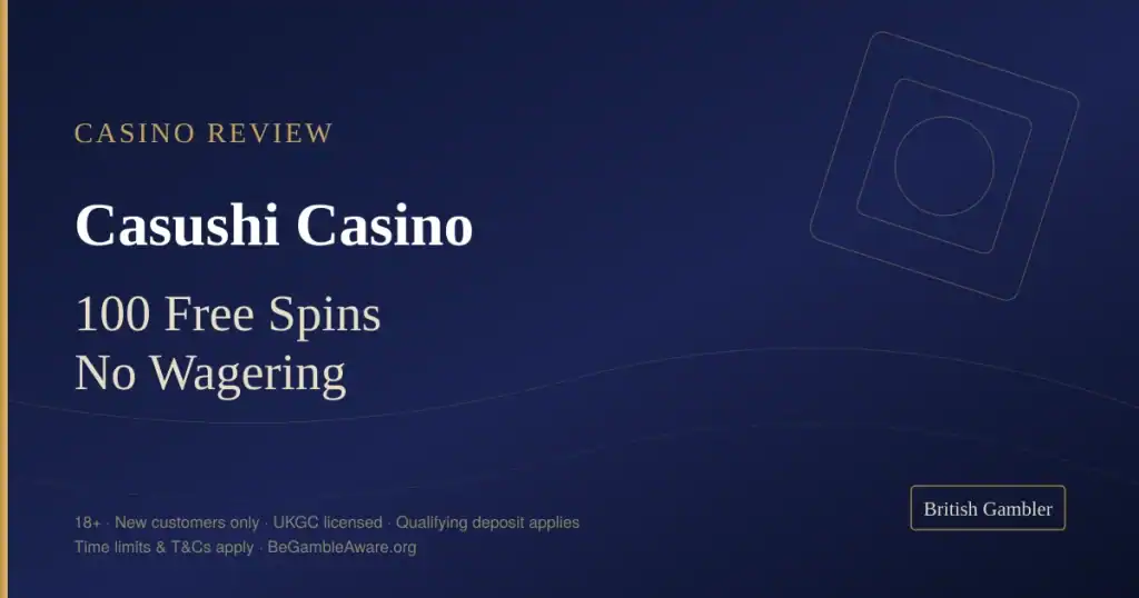 British Gambler casino review card for Casushi Casino: 100 free spins with no wagering, UKGC licensed