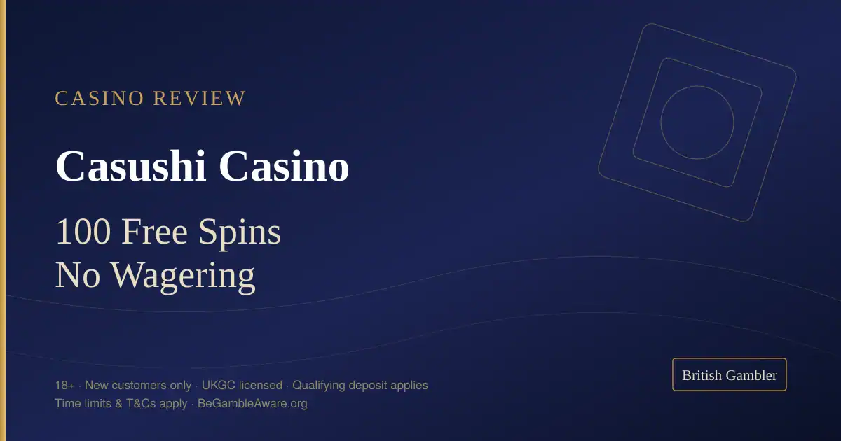 British Gambler casino review card for Casushi Casino: 100 free spins with no wagering, UKGC licensed