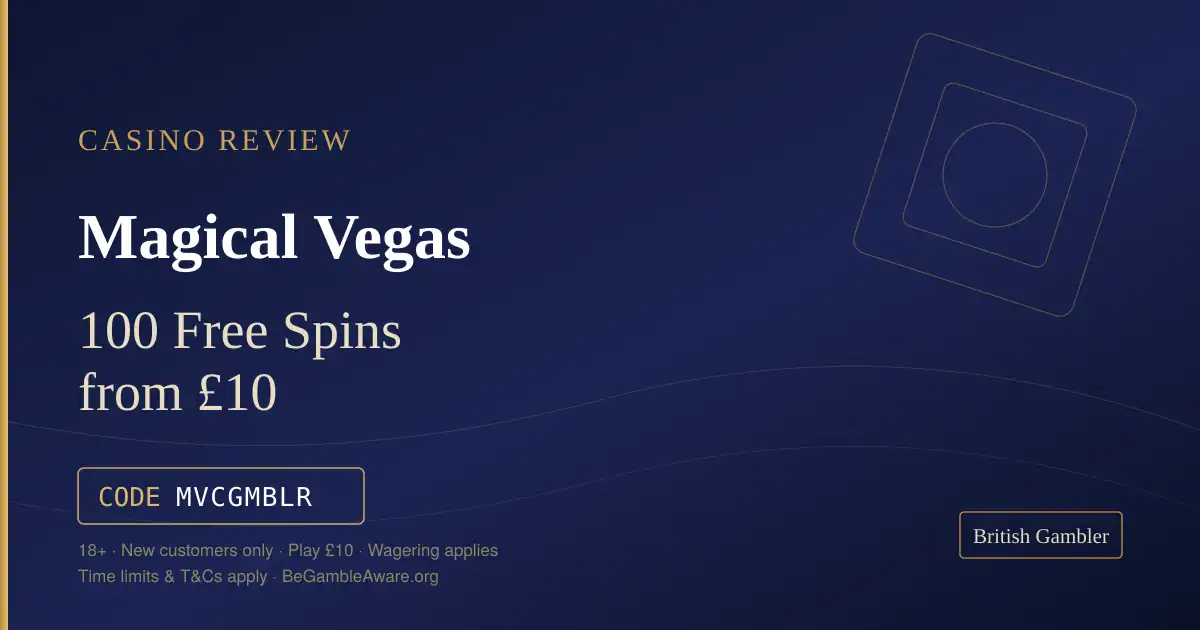 British Gambler casino review card for Magical Vegas: 100 free spins from £10 with bonus code MVCGMBLR