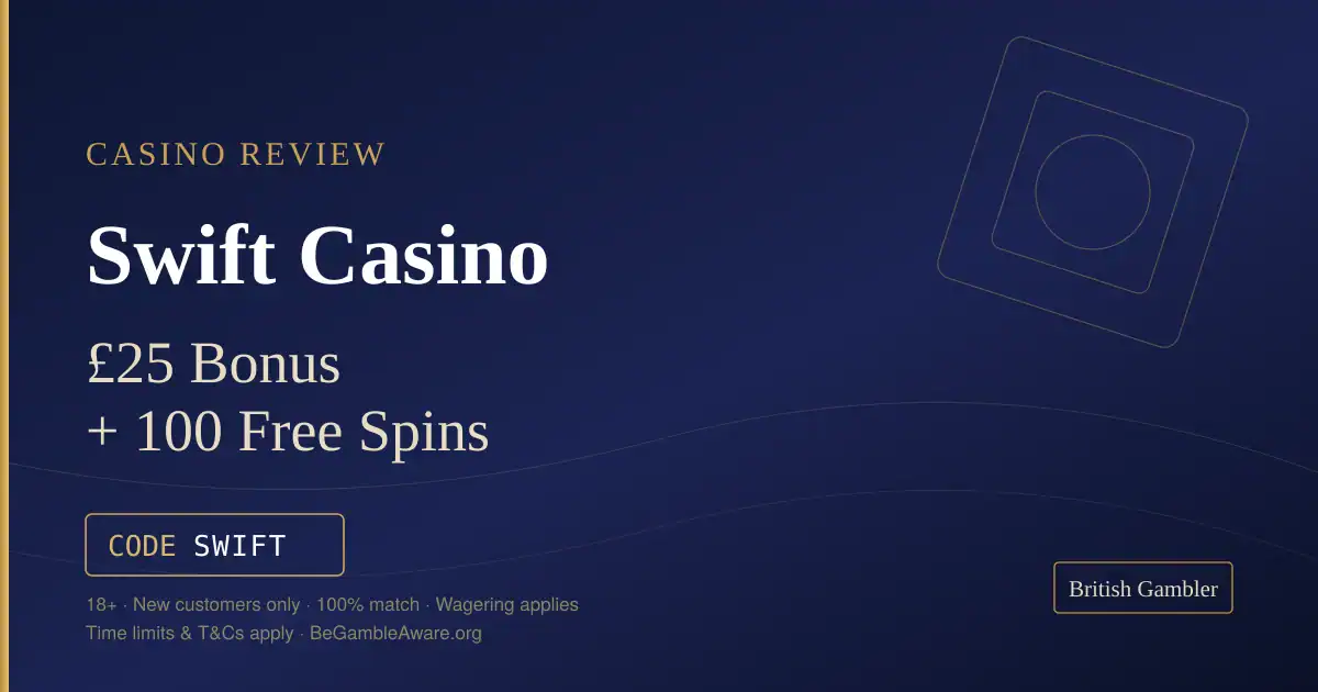 British Gambler casino review card for Swift Casino: £25 bonus plus 100 free spins with code SWIFT
