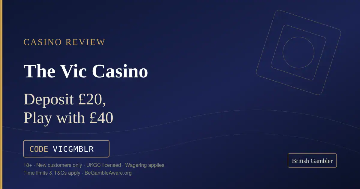 British Gambler casino review card for The Vic Casino: deposit £20 and play with £40 using code VICGMBLR