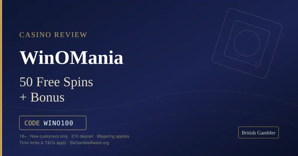 British Gambler casino review card for WinOMania: 50 free spins plus a bonus with code WINO100