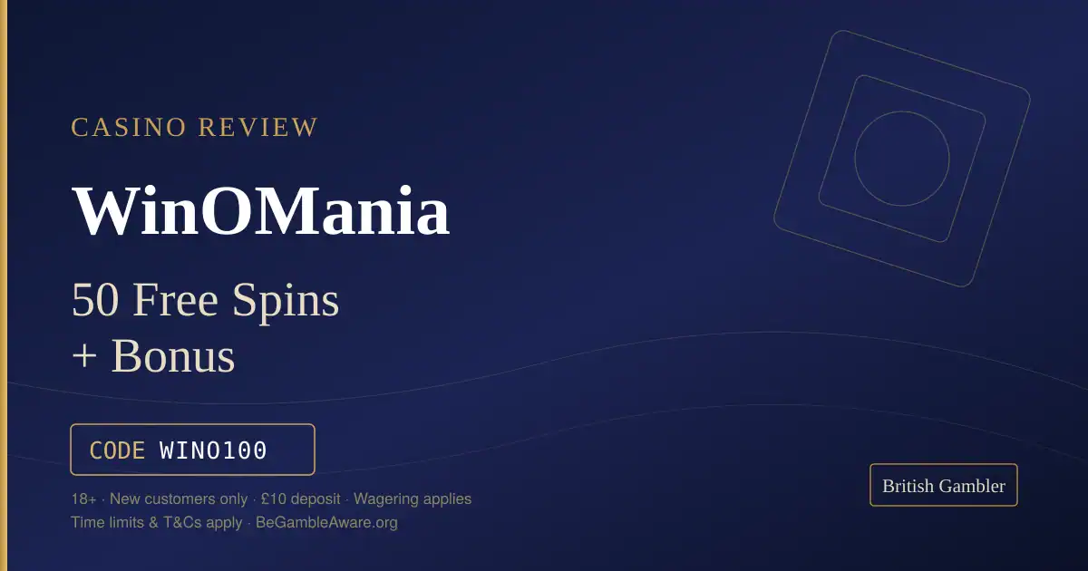 British Gambler casino review card for WinOMania: 50 free spins plus a bonus with code WINO100