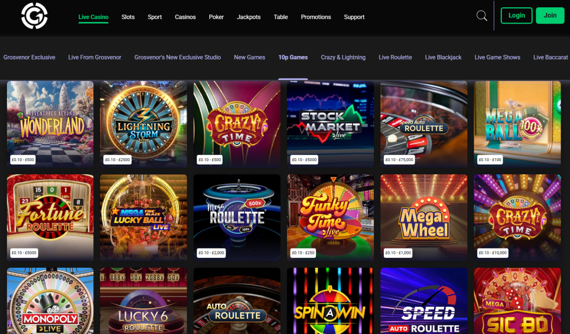 10p slot games and live casino at Grosvenor Casinos